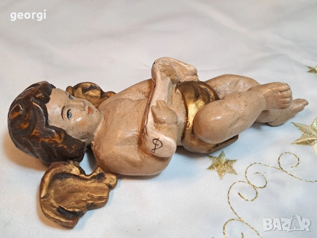 Стара дървена статуетка на ангелче херувим дърворезба 29/3, снимка 3 - Антикварни и старинни предмети - 52424270