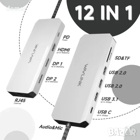 Докинг станция за лаптоп, WAVLINK Displayport докинг станция с двоен DP, HDMI, 100W PD IN, 10Gbps, снимка 2 - Кабели и адаптери - 49889860