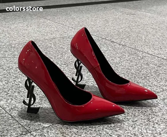 Обувки на ток - червен лак с черен ток - Y1L, снимка 2 - Дамски обувки на ток - 48231177