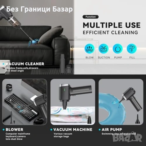 Нова Мини прахосмукачка 28000Pa за кола/дом, 9 накрайника, HEPA филтър, снимка 4 - Прахосмукачки - 53517823