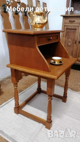 Стилна помощна масичка / нощно шкафче от масивно дърво с чекмедже и долен плот. , снимка 2 - Шкафове - 53380492