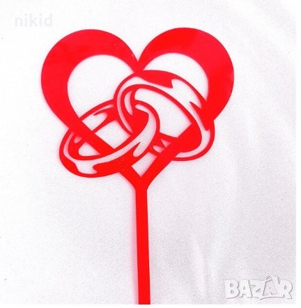 Червено сърце с халки твърд Акрил топер за торта украса декорация сватба годеж