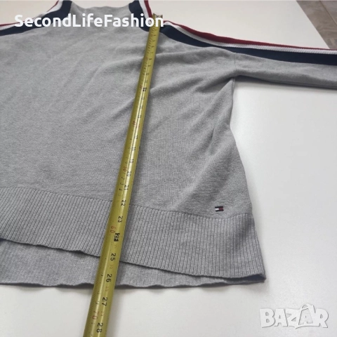Дамски пуловер с висока яка и раирани ръкави Tommy Hilfiger размер S сив , снимка 5 - Блузи с дълъг ръкав и пуловери - 52505690