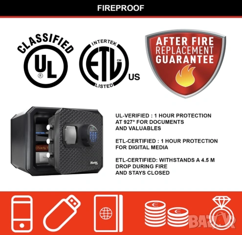 Сертифициран Огнеопорен Сейф Master Lock / Sentry Safe FPW082FTC Черен Стомана 23L 417х348х478mm , снимка 10 - Други стоки за дома - 53397079