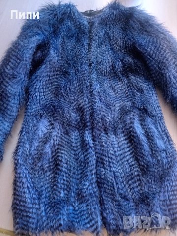 красиво синьо палто с косъм, снимка 1 - Палта, манта - 43800494