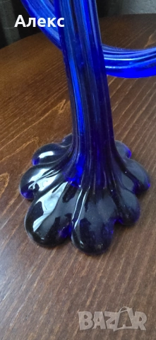 Колекционерска ваза кобалт, духано стъкло, 39см, снимка 5 - Антикварни и старинни предмети - 51763103