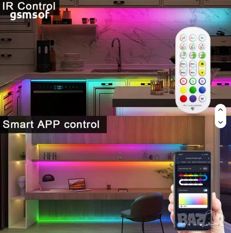 10м - RGB WiFi смарт LED лента с управление през телефон, дистанционно и глас, снимка 3 - Лед осветление - 53411058