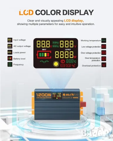 1200 W инвертор Чиста синусоида DC 12 V до 230 V AC захранващ преобразувател, снимка 7 - Друга електроника - 47746261