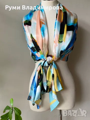 Голям, цветен шал от 100 % коприна, снимка 4 - Шалове - 49735155