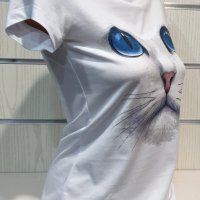 Страхотна нова дамска тениска с 3D принт котка със сини очи, снимка 8 - Тениски - 28344647