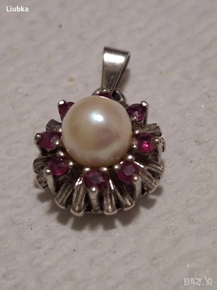 сребърна висулка с перла и рубинчета, снимка 1