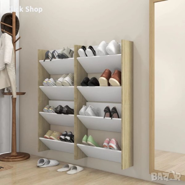 Стенни шкафове за обувки 4 бр бяло и дъб сонома 60x18x60 см ПДЧ, снимка 1