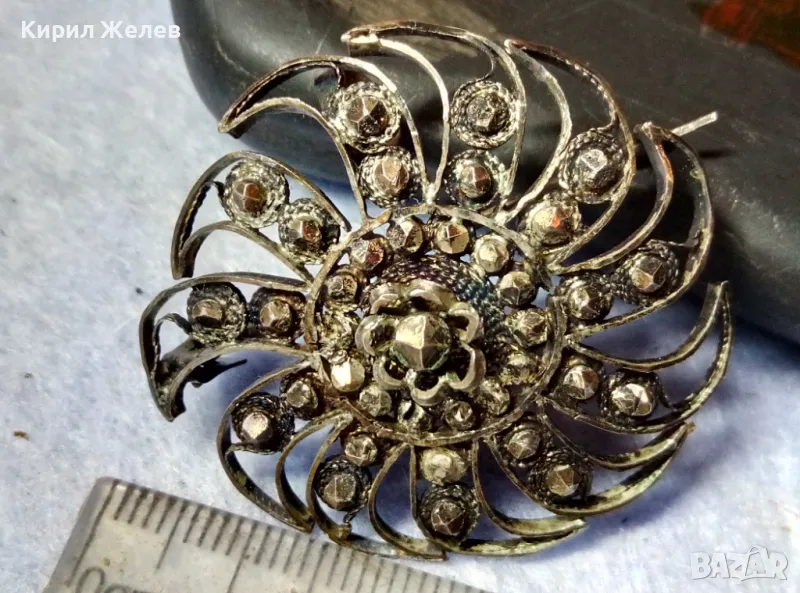 СТАРИННА ФИЛИГРАННА СКЪПОЦЕННА СРЕБЪРНА БРОШКА УНИКАТ ЛАКИРАНО СРЕБРО ВИСОКА ПРОБА с МАРКАЗИТ 43247, снимка 1
