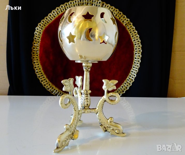 Бронзов свещник,риби,християнство,луна,звезди. , снимка 1