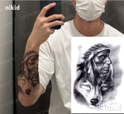 Индианец с вълк Временни татоси tattoo татуйровка временна татуировка татос татус Tattoo, снимка 1