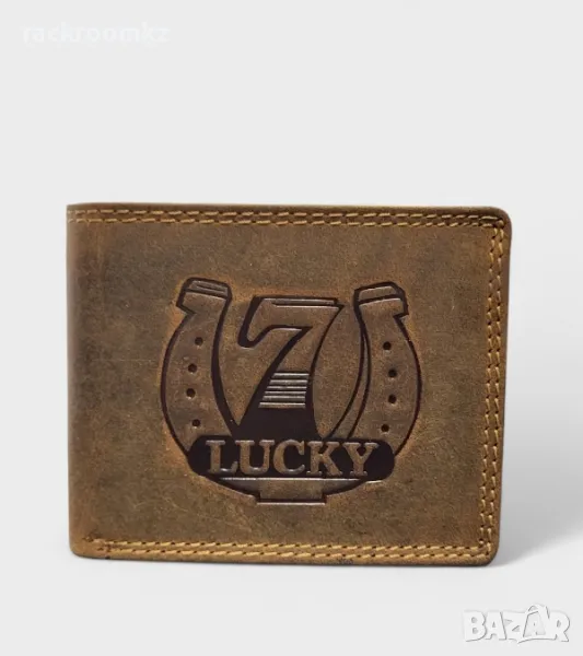 Mъжки портфейл от естествена кожа в кафяв цвят с подкова Lucky, снимка 1