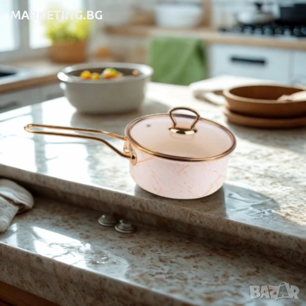 Касерола с капак Goldmann 16x8см. 1.5л./18x9см. 2л. Емайл. Индукция. Бял/Старо злато, снимка 1