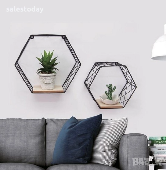 Рафт за стена в два размера, Комплект декоративни рафтове, метална етажерка, шестоъгълници, снимка 1