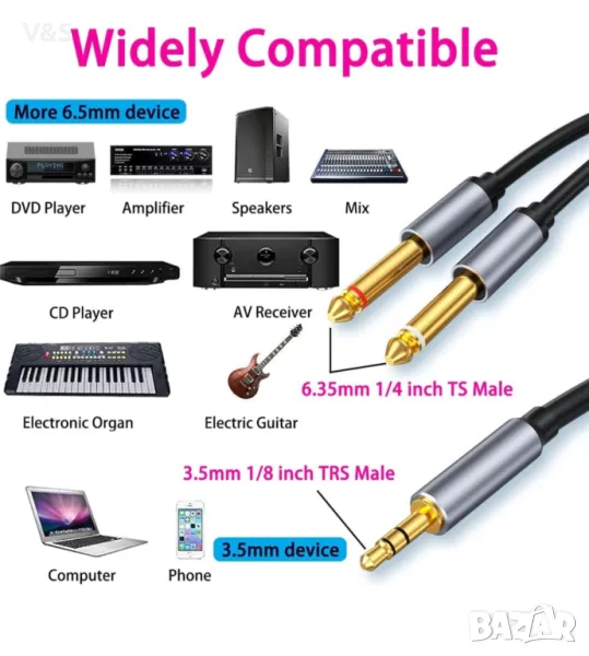  аудио кабел, 3,5 мм до 6,35 мм, позлатен, 5 м, снимка 1