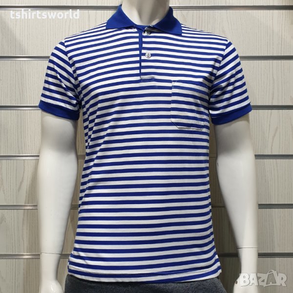 Нова мъжка моряшка блуза с яка, класическо синьо-бяло райе, снимка 1