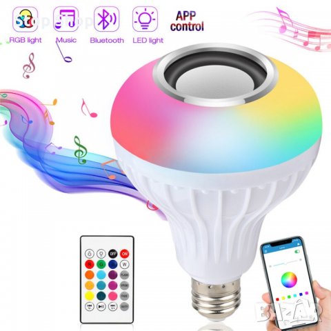 Смарт E27 RGB бял Bluetooth високоговорител LED крушка Регулируема музикална светлина Безжично прило, снимка 1 - Лед осветление - 37309286
