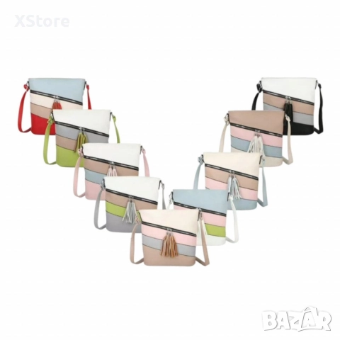 Дамска чанта с цип, цветни панели и декоративен пискюл