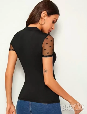 Черна блузка с къс ръкав и тюлено деколте, снимка 3 - Тениски - 51539519