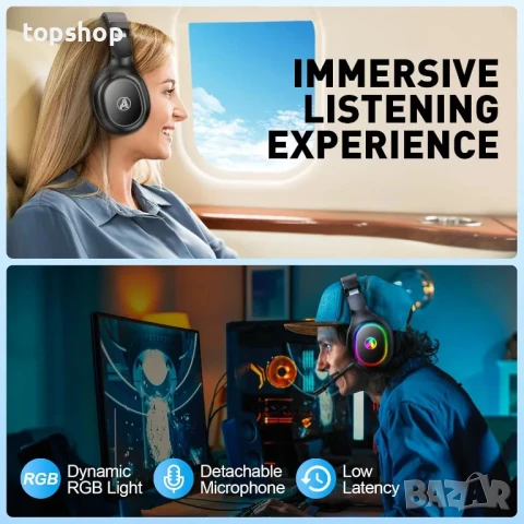 Безжични геймърски слушалки с донгъл Awinnasey за PS4, PS5, PC, Mac, Switch, 2,4 GHz с шумопотискане, снимка 6 - Слушалки и портативни колонки - 50555709