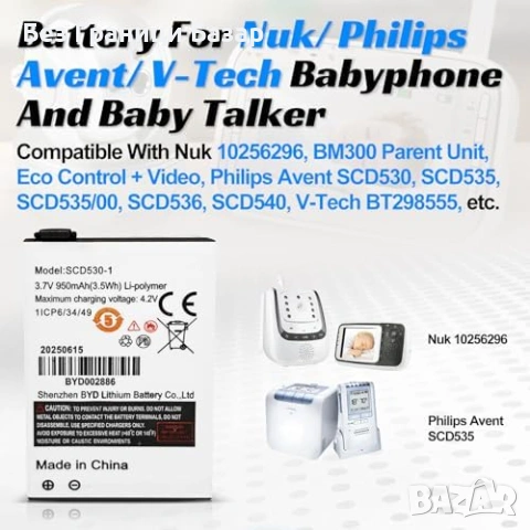 Нова Батерия 1100mAh 3.7V за Philips Avent V-Tech SCD530/SCD535/SCD536, снимка 2 - Друга електроника - 53566924