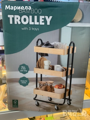 Количка за баня на колела, 3 нива, бамбук 33,5x44,5x83,5 см