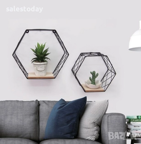 Рафт за стена в два размера, Комплект декоративни рафтове, метална етажерка, шестоъгълници