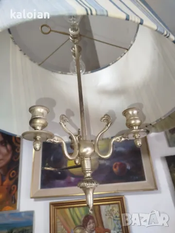 Стар посребрен полилей стил Арт Деко. Може да се използва и за свещник. Работи перфектно. Абажурът е, снимка 3 - Антикварни и старинни предмети - 49739936