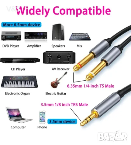  аудио кабел, 3,5 мм до 6,35 мм, позлатен, 5 м