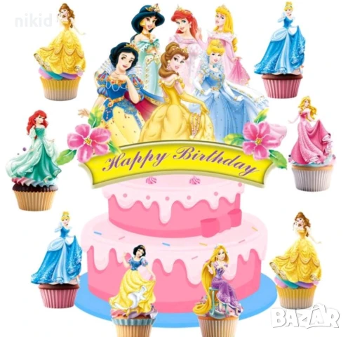 Принцеси Дисни Ариел Рапунцел Белл  Пепеляшка Аврора къси картонени топери топер за торта мъфини, снимка 5 - Други - 50704833
