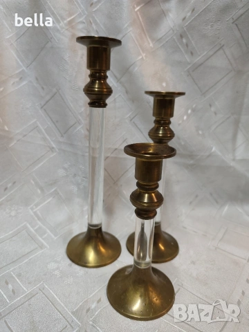 Елегантен комплект винтидж бронзови свещници (3 бр.) в стил Hollywood Regency., снимка 5 - Антикварни и старинни предмети - 53389830