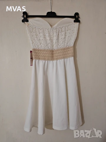 Нова лятна рокля с етикет XS размер бяла с бежово, снимка 2 - Рокли - 50998509
