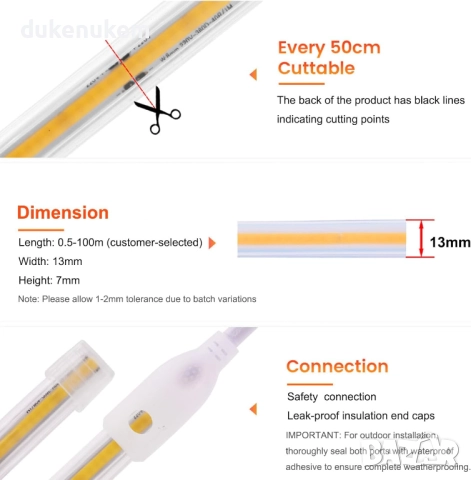 LED лента COB 3 м, 360 LED/м, 220V, IP65 водоустойчива, топла светлина, снимка 4 - Лед осветление - 52638213