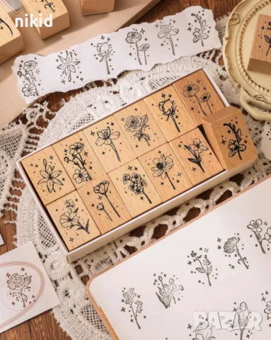 12 бр цветя цвете гумирани дървени печати печата цветя за бисквитки картички и др украса, снимка 3 - Други - 49885909