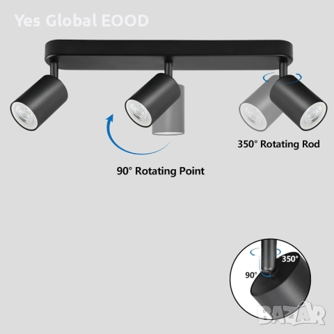 Таванен спот 3 светлини GU10 с въртящи се глави черен, снимка 8 - Лампи за таван - 52814252