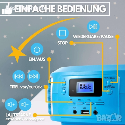 Преносим CD плейър Cyberlux – FM Радио, AUX, Стерео звук, Работа на батерии, снимка 5 - Радиокасетофони, транзистори - 52965569