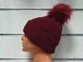 Нова зимна топла дамска шапка Silver Star в цвят бордо с пух/помпон, снимка 4