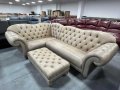 Бежов кожен ъглов диван и табуретка тип Честърфилд, снимка 8