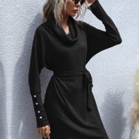 Дамска едноцветна плетена пуловерна рокля с яка и дълги ръкави, 2цвята - 024, снимка 7 - Рокли - 43454137