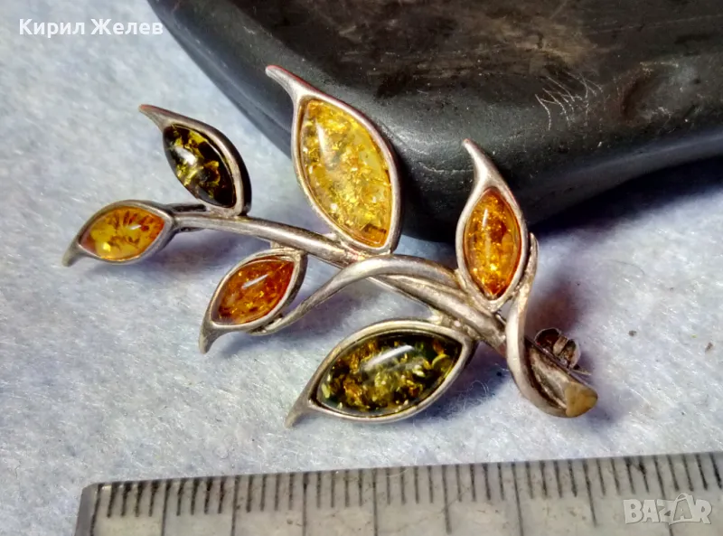 ПРЕКРАСНА ФЛОРАЛНА КЕХЛИБАРЕНА СРЕБЪРНА БРОШКА СРЕБРО 925 с 100% НАТУРАЛЕН БАЛТИЙСКИ КЕХЛИБАР 48245, снимка 1