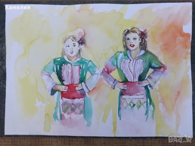 Картина: "Народни певици" акварел , снимка 1