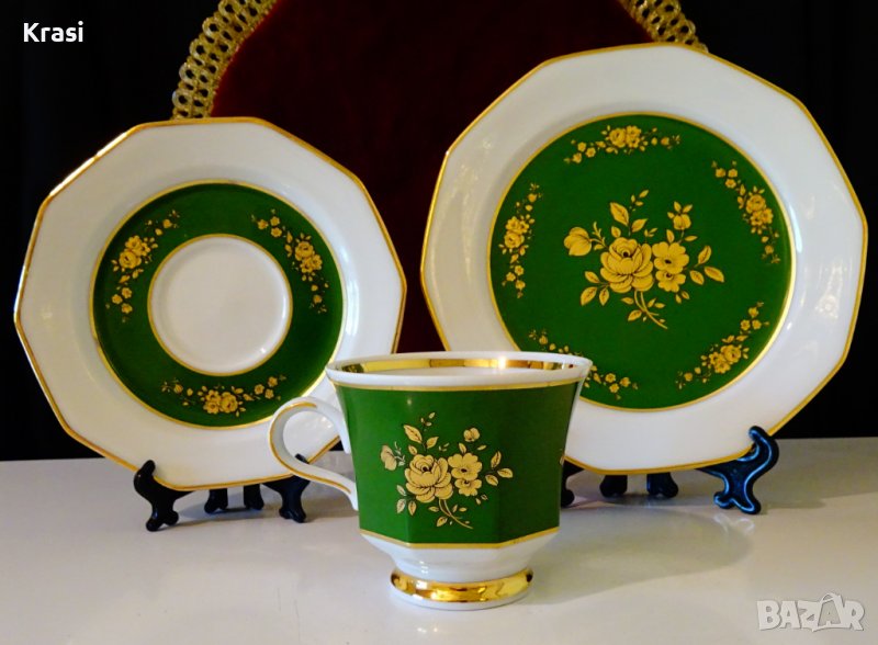 Чаша с чинии баварски порцелан,злато,рози,смарагд, снимка 1