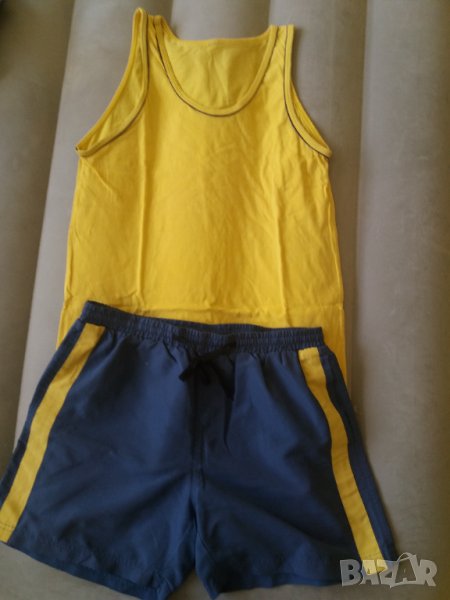 Летен мъжки комплект жълт потник с къси сини гащета Размер М-Л, снимка 1