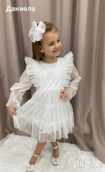 Нежна Бяла рокля с аксесоар за коса, снимка 1