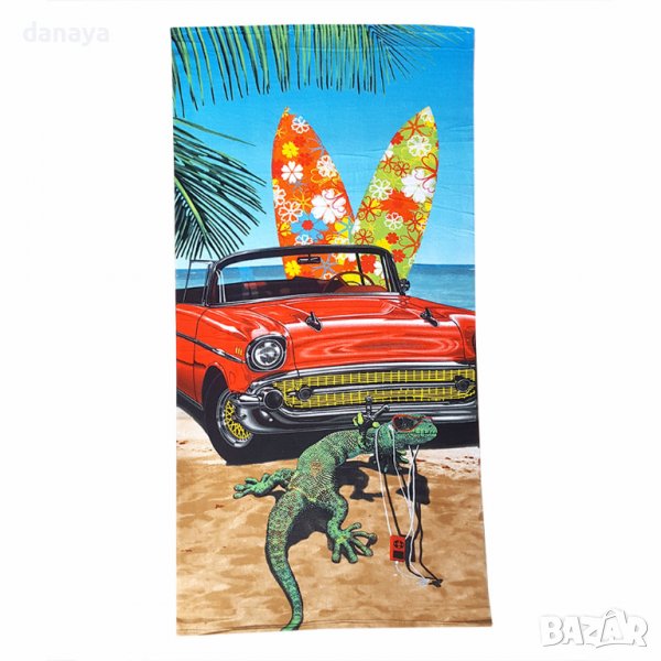 2867 Плажна хавлия с ретро автомобил и музикален гущер, 150x70 cm, снимка 1