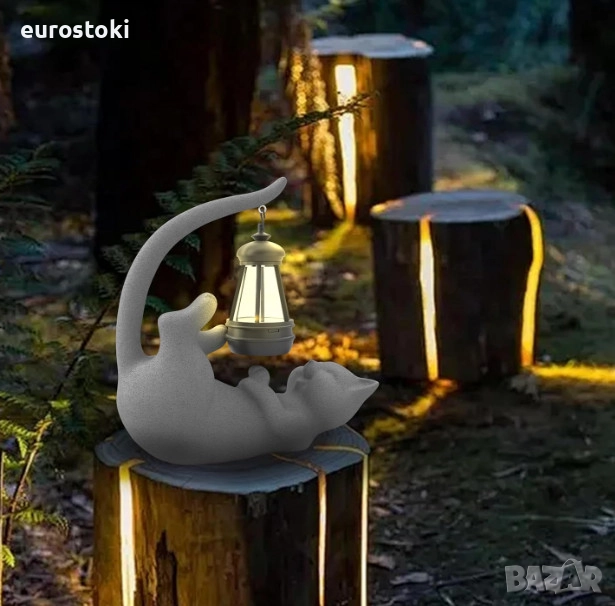 Декоративна статуя Котка със соларно фенерче, градинска фигурка от смола, декорация за дом/градина, снимка 1